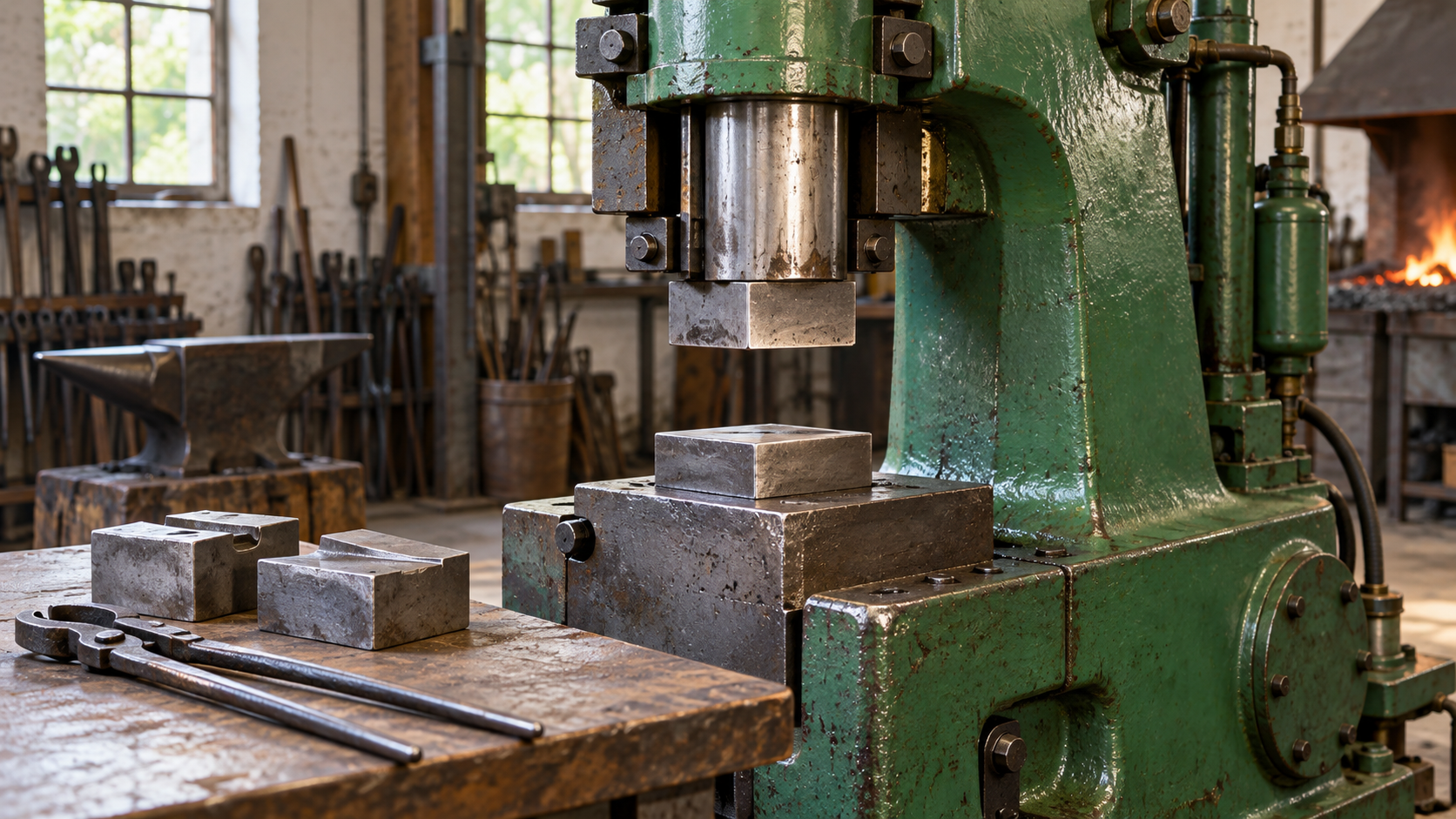 Close-up of power hammer upper and lower forging dies showing working clearance