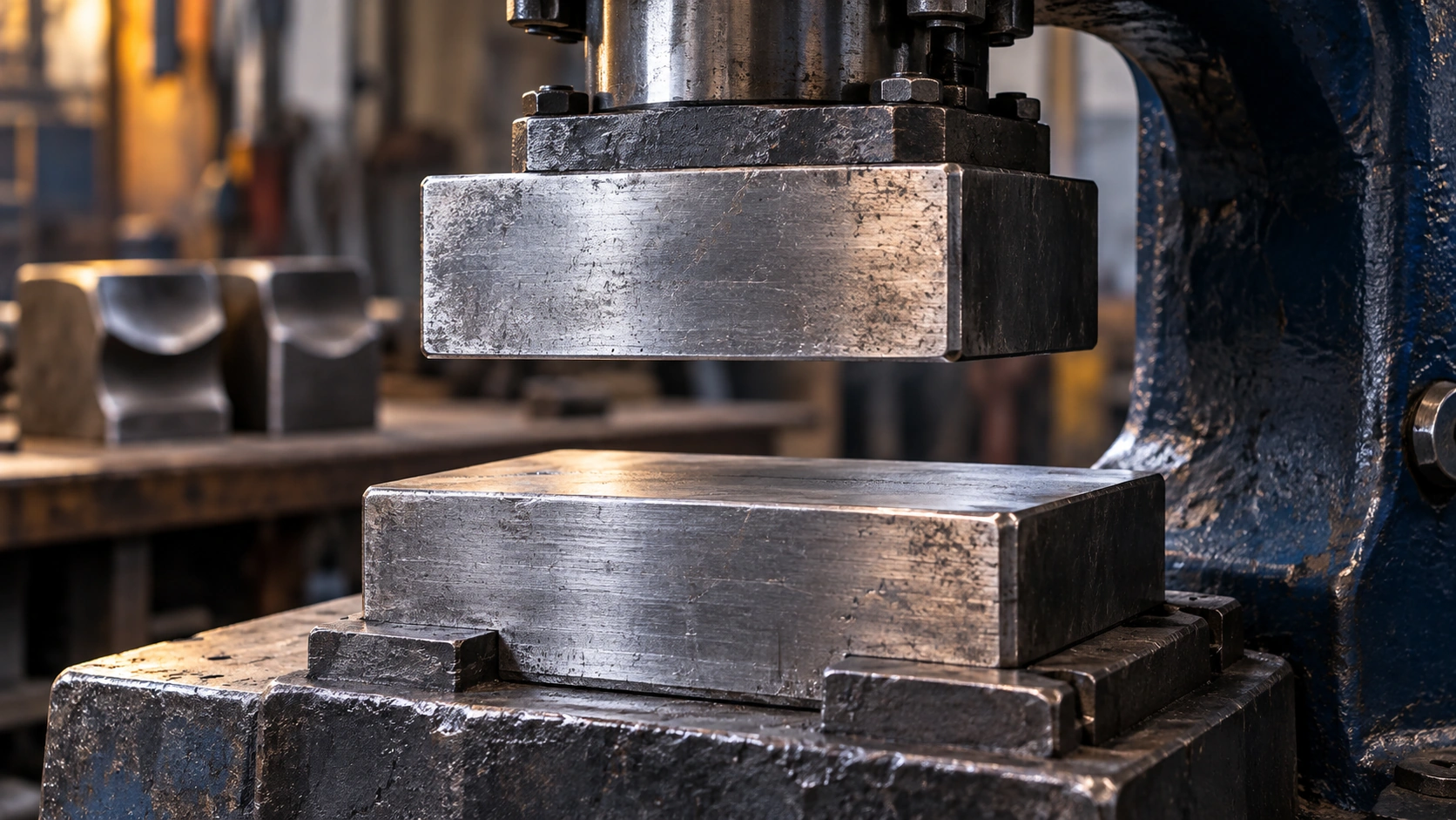 Close-up illustration of upper and lower flat dies mounted on a power hammer