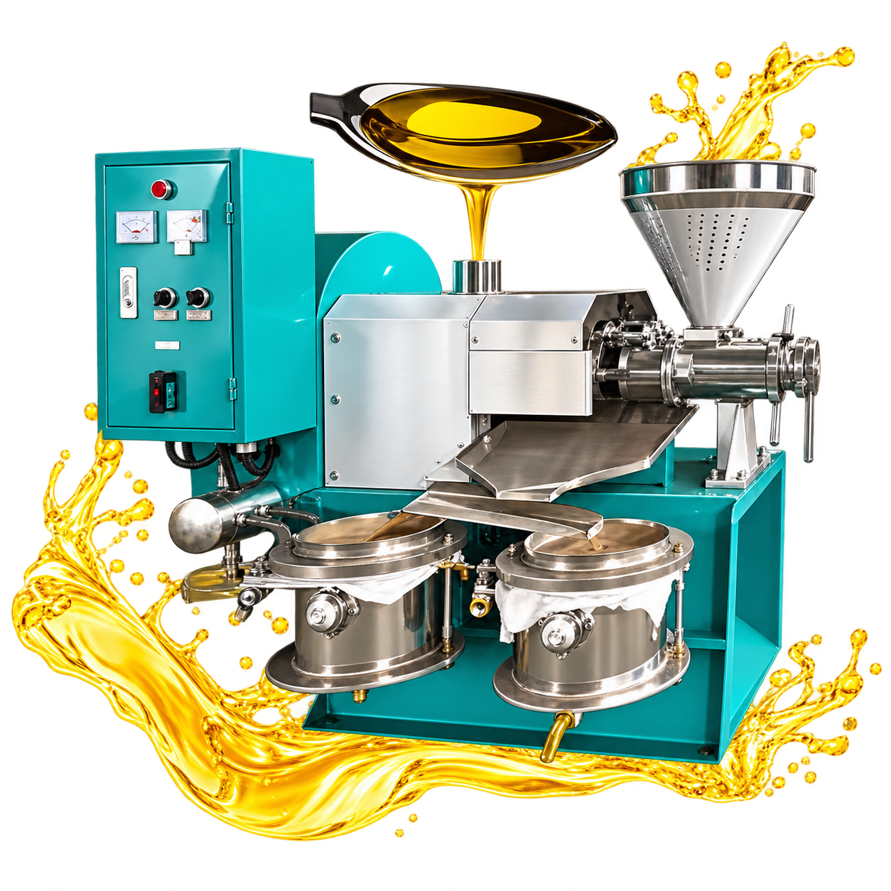 Screw oil press machine with oil collection filters and golden oil