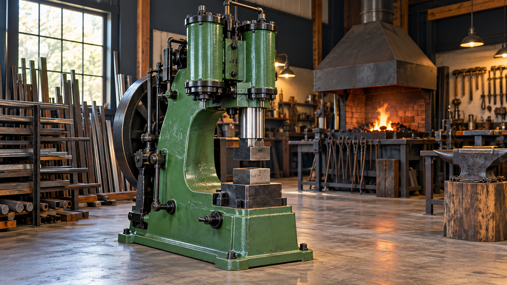 Green cast-iron pneumatic forging power hammer in a blacksmith workshop