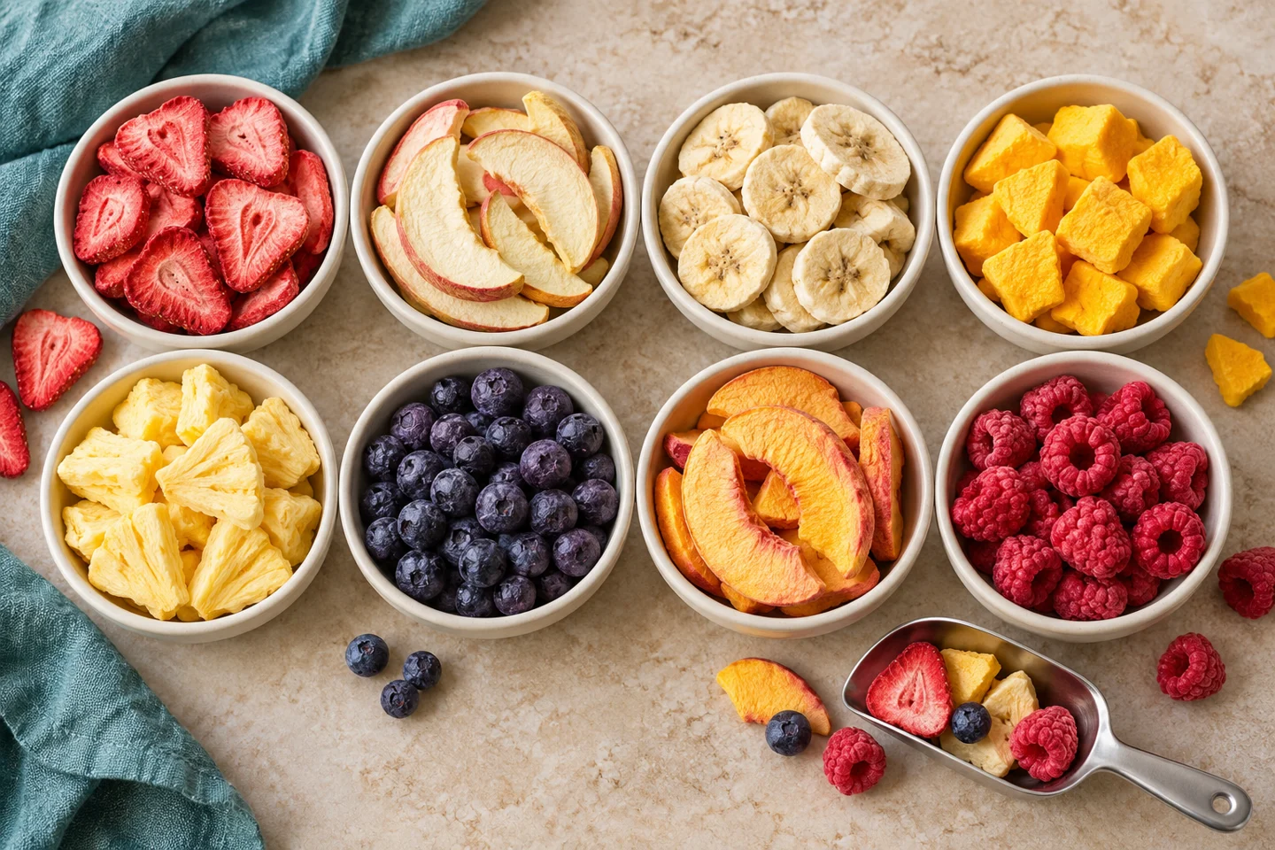Illustrative selection of eight freeze-dried fruits in separate bowls