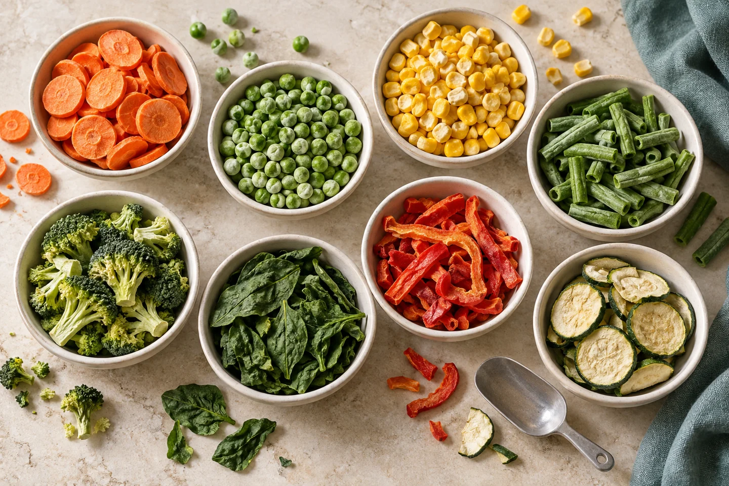 Illustrative selection of eight freeze-dried vegetables in separate bowls
