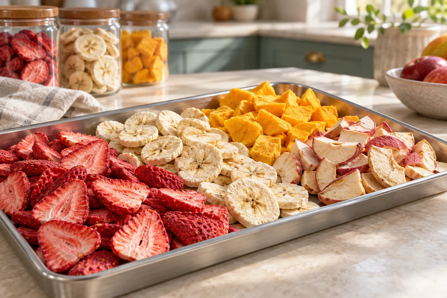 Illustrative freeze-dried strawberries, bananas, mangoes and apples arranged in a food tray