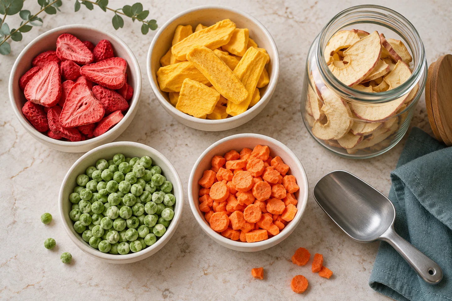 Illustrative selection of freeze-dried fruits and vegetables in bowls
