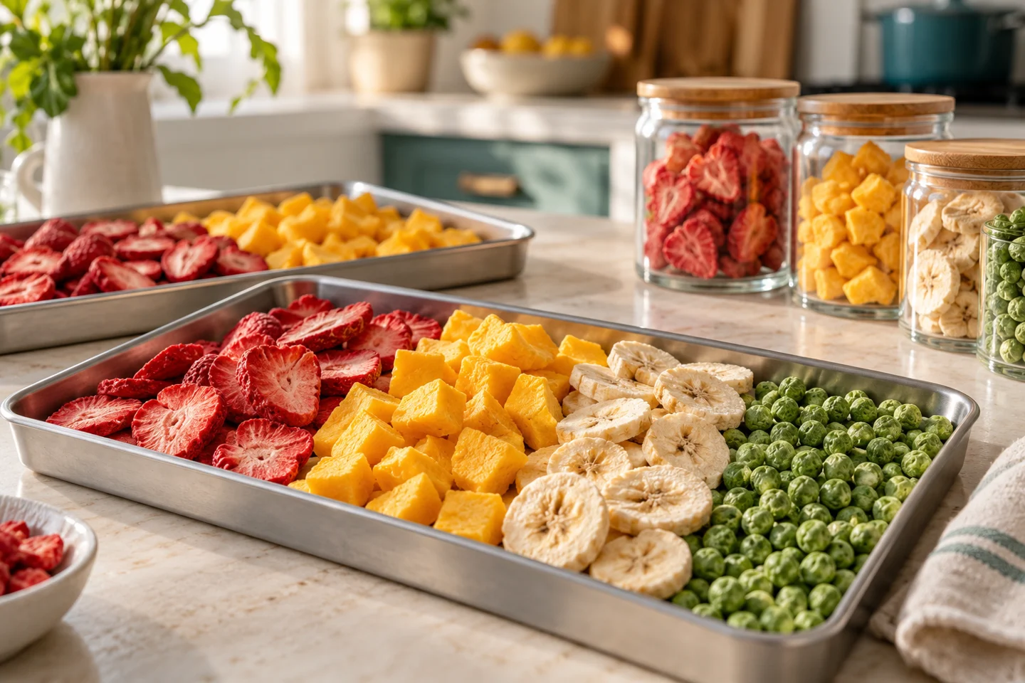 Illustrative freeze-dried fruit and vegetables arranged in trays in a home kitchen