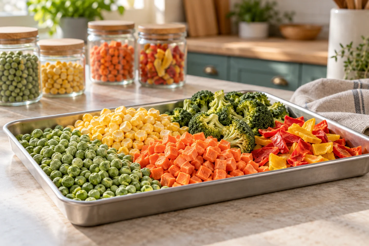 Illustrative freeze-dried peas, corn, carrots and broccoli arranged in a food tray